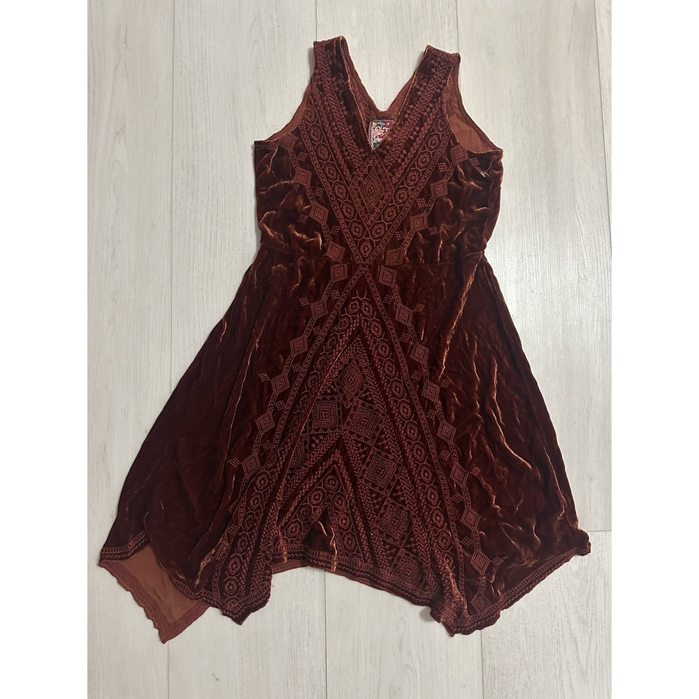 Johnny Was La Shobah Velvet Swing Dress‎ Sz XS Embroidered Rust Orange